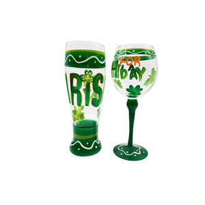 Lot of 2 St Patrick's Day Irish For A Day Hand Painted Beer & Wine Glass 8.5"